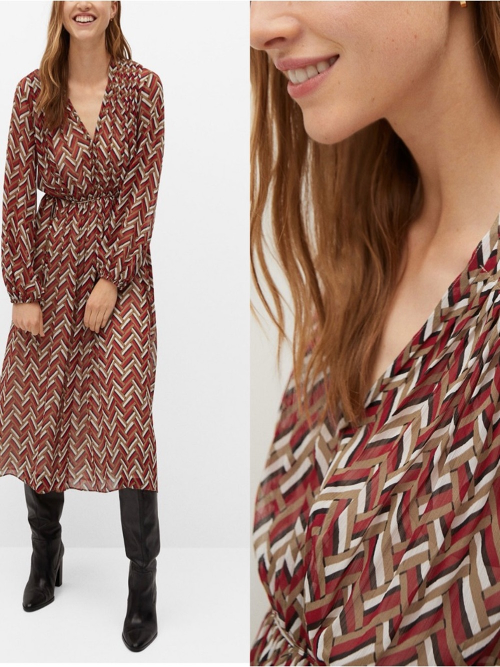 Mango Geometric Print Midi Dress | Long Sleeve | Belted | Size L